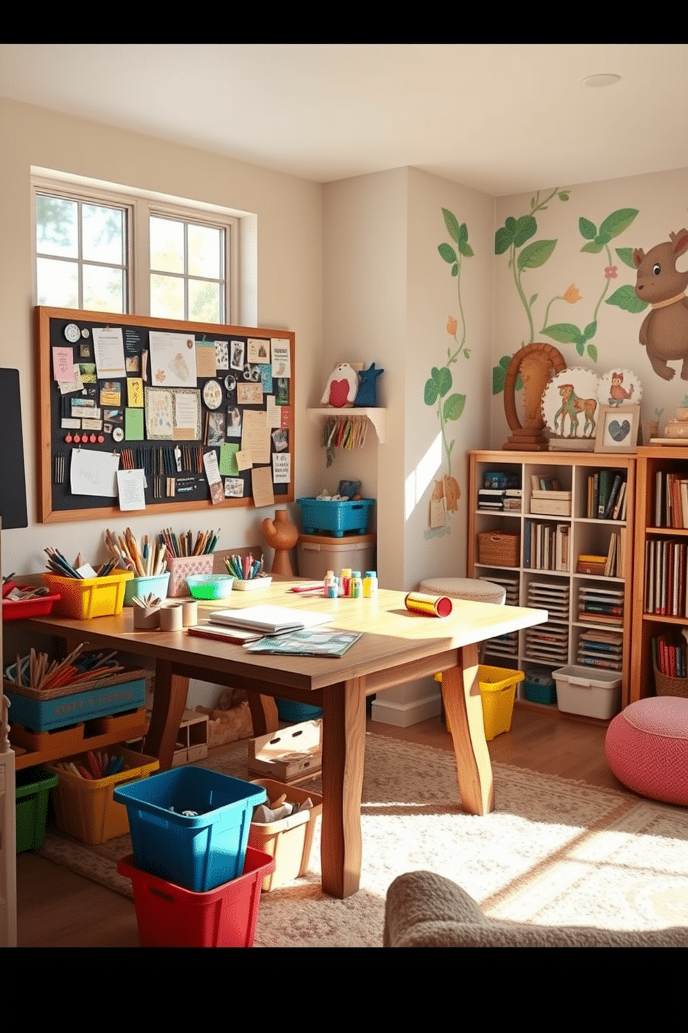 A cozy DIY craft corner featuring a sturdy wooden table surrounded by colorful storage bins filled with art supplies. Natural light pours in from a large window, illuminating a bulletin board filled with inspiration and completed projects. A vibrant family room playroom designed for fun and creativity, with a soft area rug and plush seating for relaxation. Walls are adorned with playful murals, and shelves are stocked with books and toys, creating an inviting space for family activities.