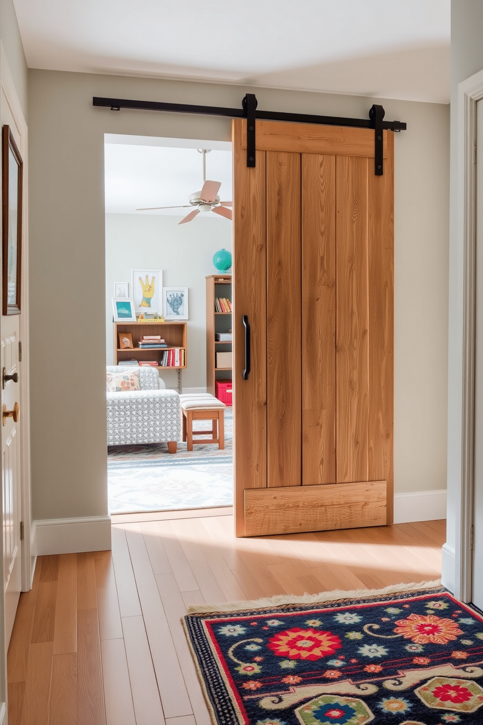 A charming entryway features a sliding barn door made of reclaimed wood, adding a rustic touch to the space. The door opens to reveal a bright and airy family room filled with playful decor and comfortable seating options. The family room is designed as a playroom, showcasing vibrant colors and whimsical patterns throughout. Soft, plush rugs cover the floor, while shelves are lined with toys and books, creating an inviting atmosphere for children.