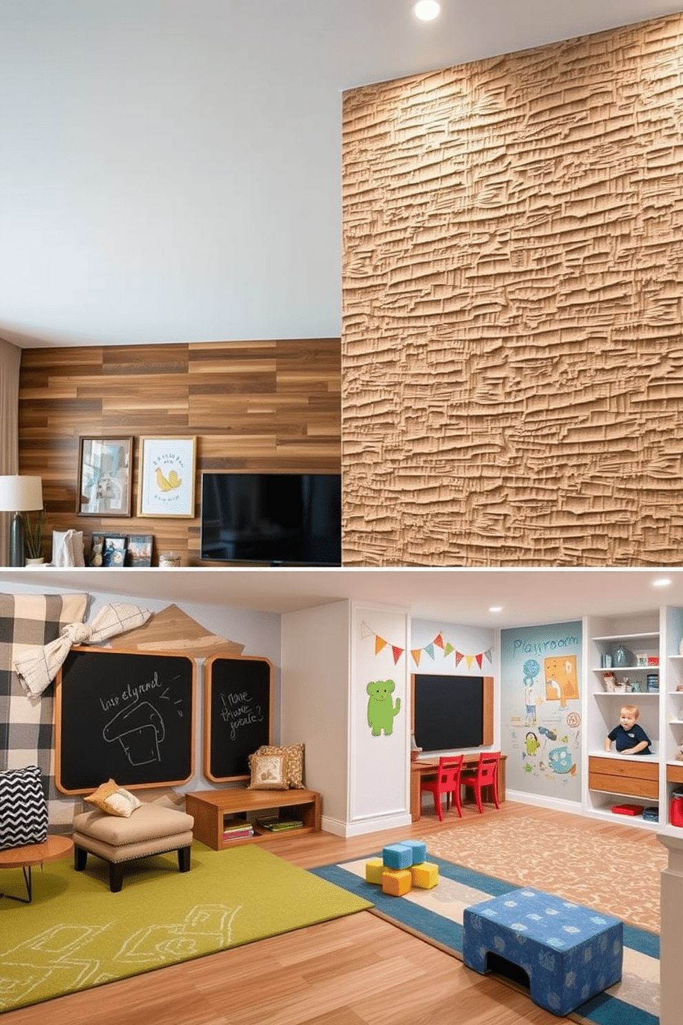 Textured wall panels create a stunning focal point in the family room, featuring a mix of natural wood and soft fabric finishes. The space is designed with comfortable seating, playful accents, and a cozy area for family activities, all harmonizing with the textured backdrop. In the playroom, vibrant colors and whimsical patterns come together with textured wall panels to inspire creativity. Interactive elements like a chalkboard wall and built-in storage ensure a fun yet organized environment for children to explore and play.