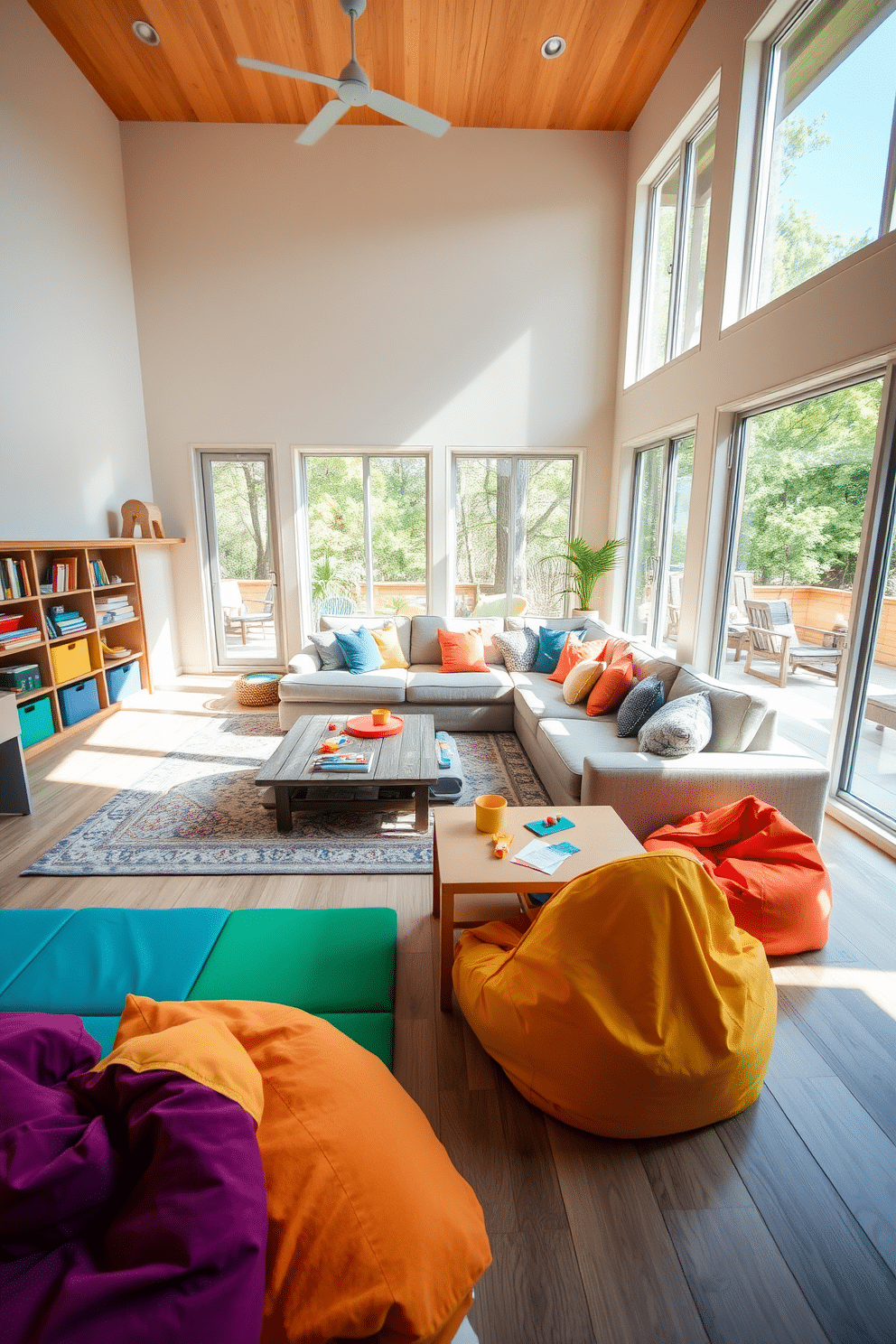 A spacious family room filled with natural light from large, floor-to-ceiling windows that create an inviting atmosphere. The room features a comfortable sectional sofa adorned with colorful cushions, a large area rug, and a coffee table made of reclaimed wood. In one corner, a playful play area is designed with soft foam mats and shelves filled with toys and books. Brightly colored bean bags and a small table for arts and crafts complete the space, making it perfect for family gatherings and children's activities.