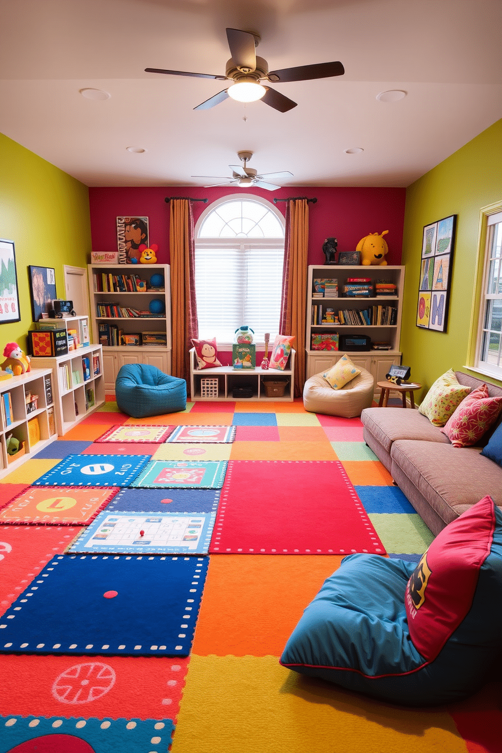 A vibrant family room playroom designed for interactive floor games. The space features colorful, cushioned flooring with a variety of game mats and soft seating for comfort. Brightly painted walls showcase playful artwork, while shelves are filled with board games and toys. A cozy reading nook with bean bags invites relaxation after active playtime.