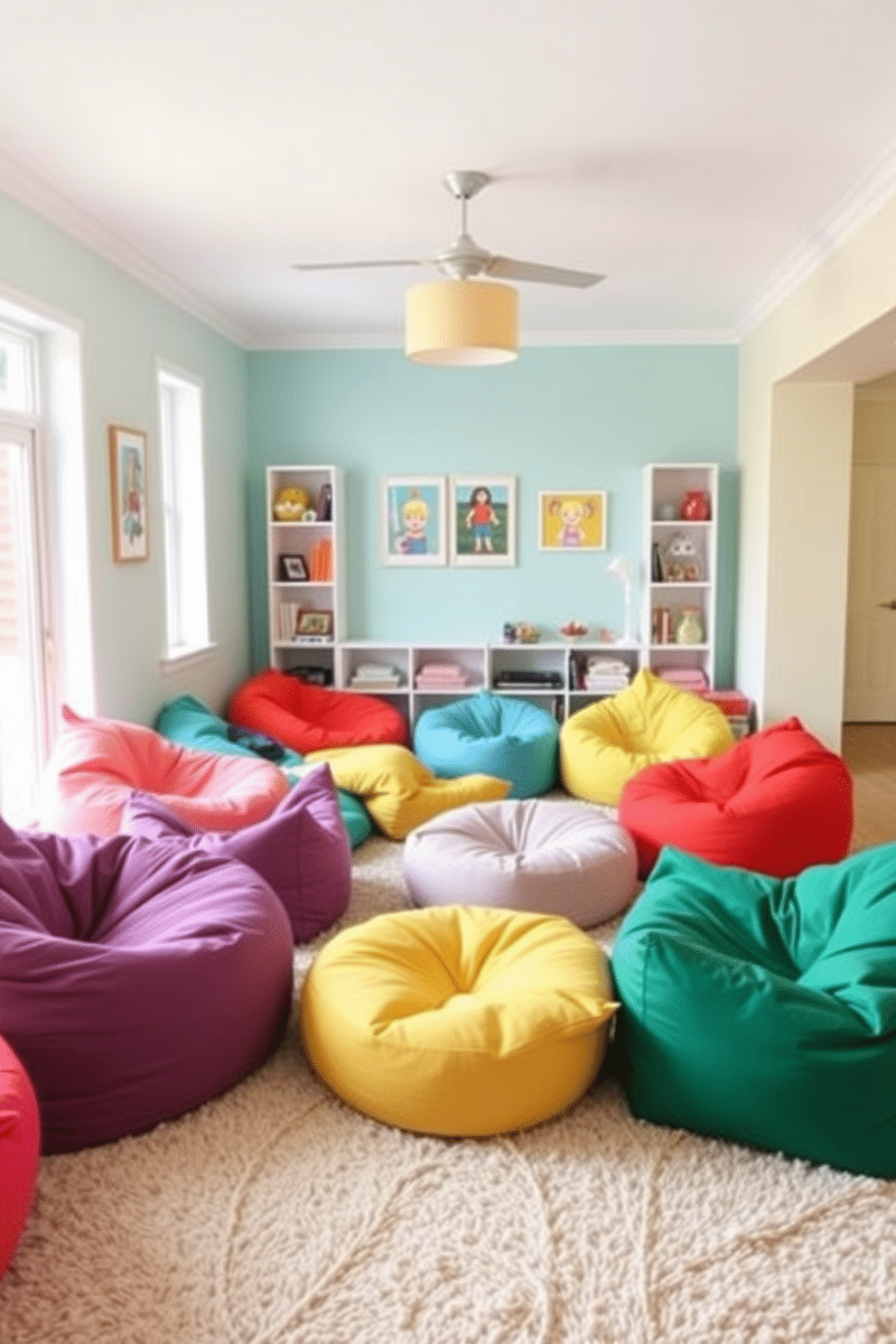 A vibrant family room playroom filled with colorful bean bags in various shapes and sizes, creating a fun and inviting atmosphere for relaxation and play. The walls are painted in cheerful pastel colors, and the floor is covered with a soft, plush rug that adds warmth and comfort to the space.