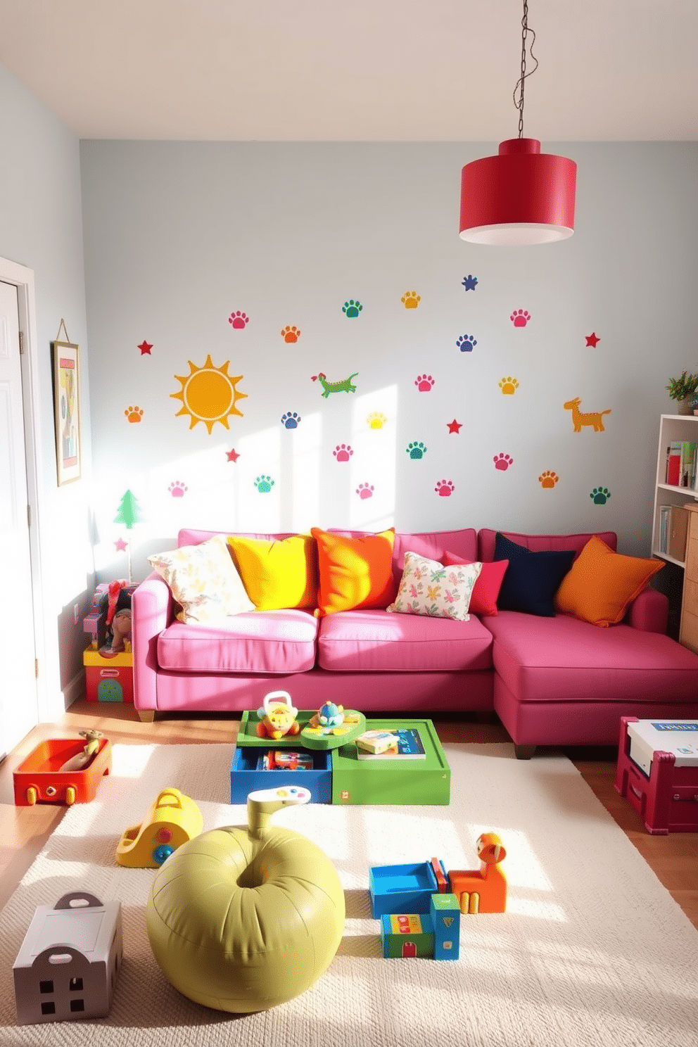 A vibrant family room playroom featuring colorful wall decals that create a playful atmosphere. The space includes a cozy sectional sofa adorned with bright cushions, a soft area rug, and a low coffee table surrounded by playful toys and books.