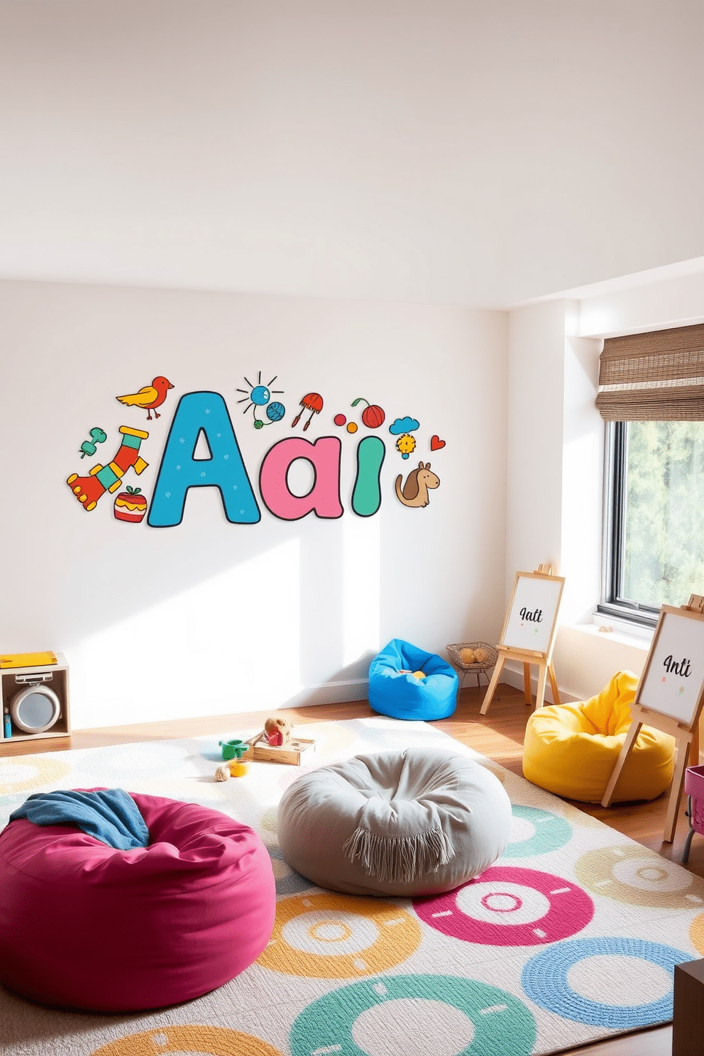 Personalized name wall art featuring a whimsical design with playful colors and shapes. The artwork includes the child's name in bold, fun typography surrounded by illustrations of their favorite animals and toys. A cozy family room playroom design that seamlessly blends comfort and creativity. The space features a large, plush area rug, colorful bean bags, and a dedicated art corner with easels and supplies, all bathed in soft, natural light from large windows.