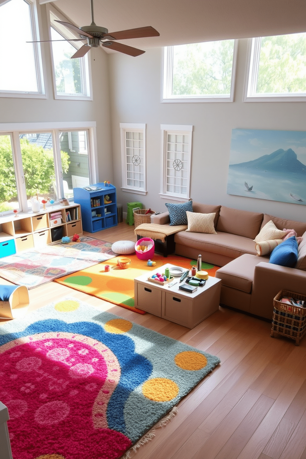 A cozy family room playroom featuring soft area rugs that provide comfort and safety for children. The space is filled with vibrant, playful colors, with a large sectional sofa and a variety of cushions scattered around for seating. In one corner, there’s a dedicated play area with a colorful rug, toys neatly organized in stylish bins, and a small table for arts and crafts. Natural light streams in through large windows, highlighting the cheerful decor and creating an inviting atmosphere for family activities.