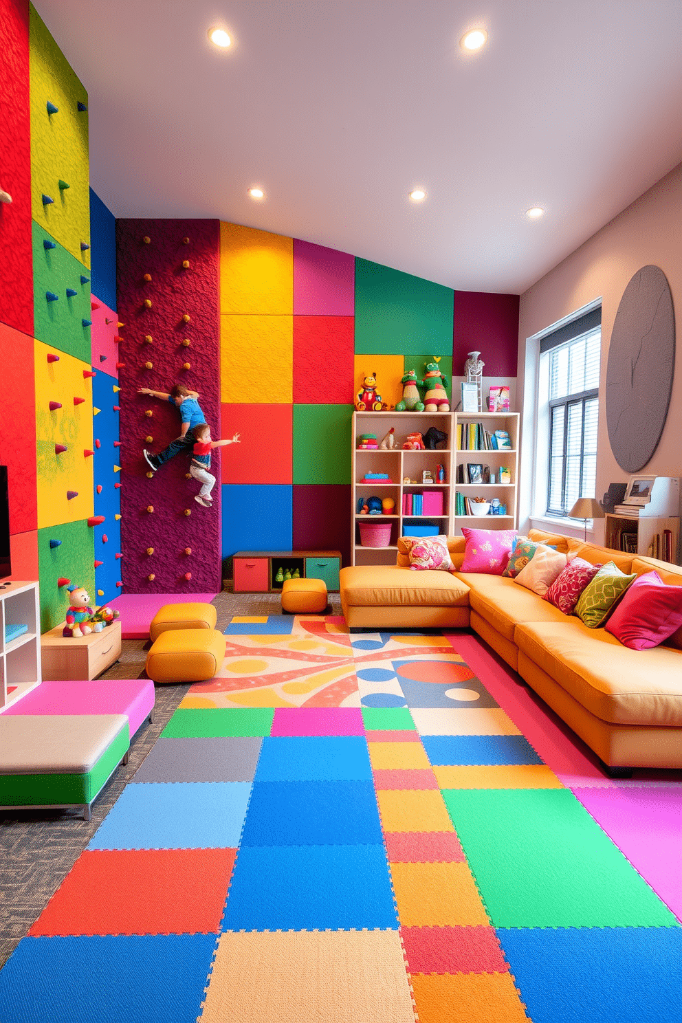 A vibrant family room playroom features an indoor climbing wall made of textured panels in varying colors, providing a fun and engaging activity for children. Surrounding the climbing area, soft foam mats in bright hues ensure safety while enhancing the playful atmosphere. The room is filled with cozy seating options, including a large sectional sofa adorned with colorful cushions, perfect for family gatherings. A playful rug with geometric patterns anchors the space, while shelves display an array of toys and books, inviting creativity and exploration.