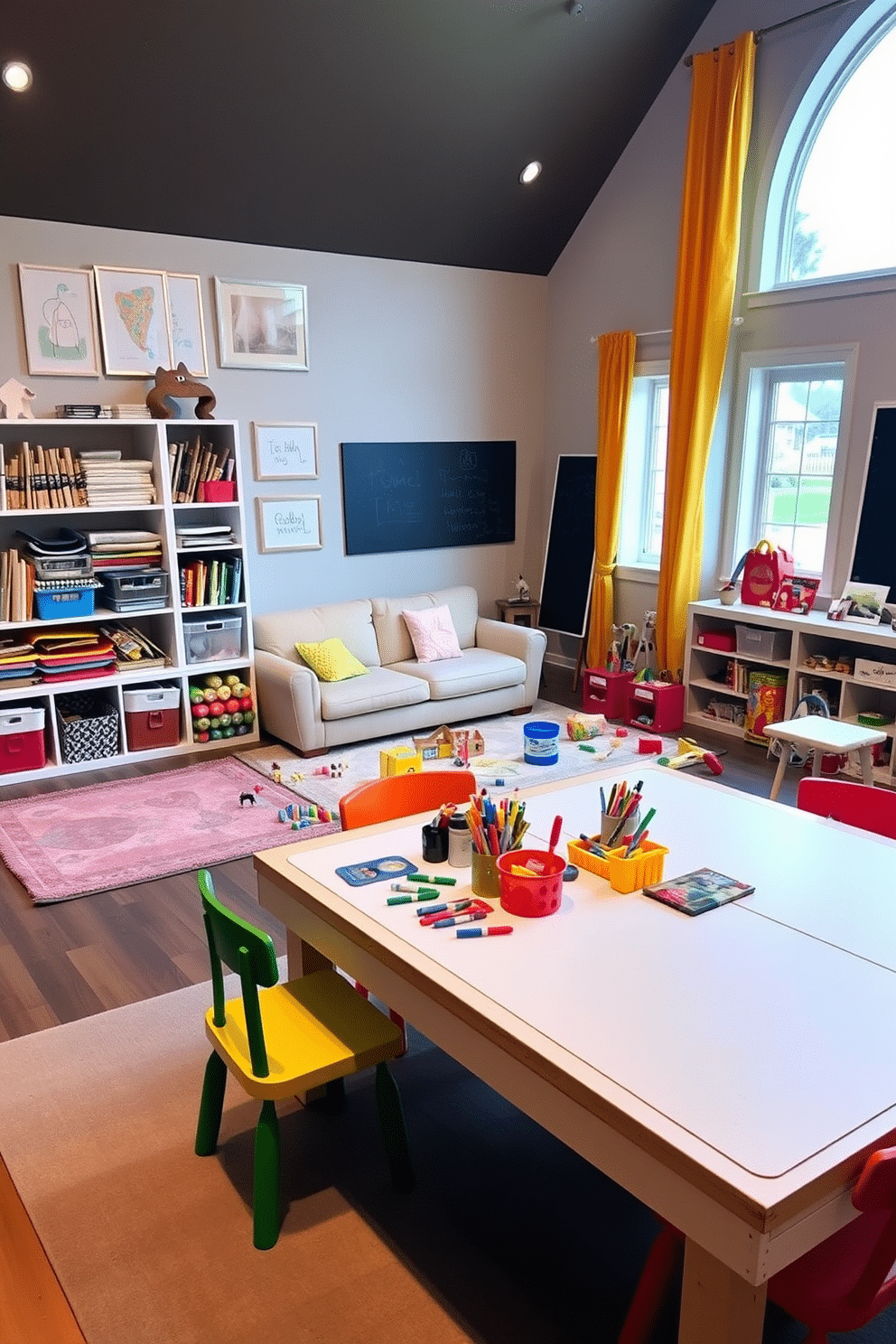 Art station with washable supplies setup. A large, sturdy table is covered with a protective mat, surrounded by colorful chairs. Shelves filled with washable paints, markers, and paper are neatly organized nearby. The walls are adorned with cheerful artwork and a chalkboard for creativity. Family room playroom design ideas. A cozy sectional sofa in a soft fabric faces a large play area filled with plush rugs and vibrant toys. A low coffee table provides space for games and crafts, while built-in shelves house books and games. Brightly colored curtains frame the windows, allowing natural light to fill the room.