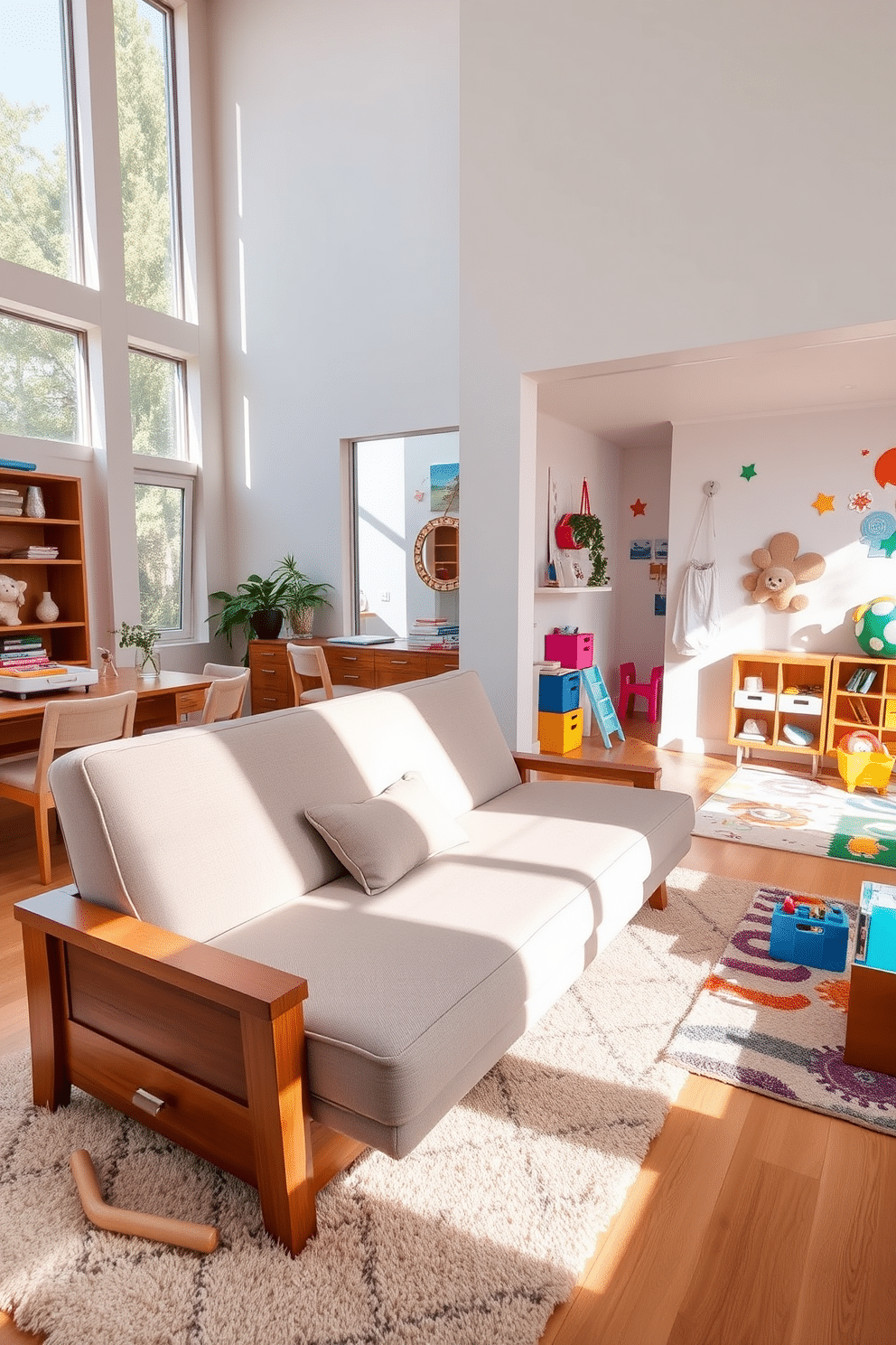 A convertible sofa is positioned in a cozy family room, featuring a modern design with plush cushions and a neutral fabric that complements the warm wood tones of the surrounding furniture. The space is illuminated by natural light streaming through large windows, creating an inviting atmosphere for relaxation and gatherings. Adjacent to the family room, a vibrant playroom is designed with colorful accents and playful decor, including wall murals of whimsical characters. Soft, durable rugs cover the floor, providing a safe area for children to play, while storage solutions are cleverly integrated to keep toys organized and accessible.