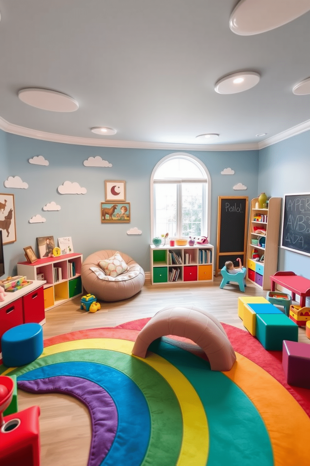 A whimsical family room designed for imaginative adventures. The walls are painted in a soft sky blue, adorned with playful cloud decals, while a cozy reading nook features a plush bean bag and a colorful bookshelf filled with storybooks. The playroom is filled with vibrant colors and interactive elements. A large, soft rug in the shape of a rainbow anchors the space, surrounded by modular play furniture and a chalkboard wall for endless creativity.