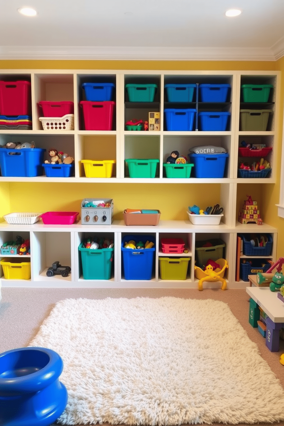 A vibrant family room playroom features open shelving filled with colorful bins for toy organization. The walls are painted in a cheerful yellow, and a soft, plush rug lies in the center, providing a cozy play area for children.