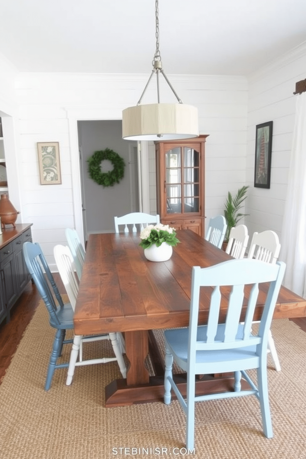 A rustic reclaimed wood dining table is the centerpiece of a cozy farmhouse dining room. Surrounding the table are mismatched chairs in various shades of white and blue, creating a charming, eclectic feel. The walls are adorned with shiplap, painted in soft white, while a large farmhouse-style pendant light hangs above the table. A woven jute rug lies underfoot, adding warmth and texture to the space.