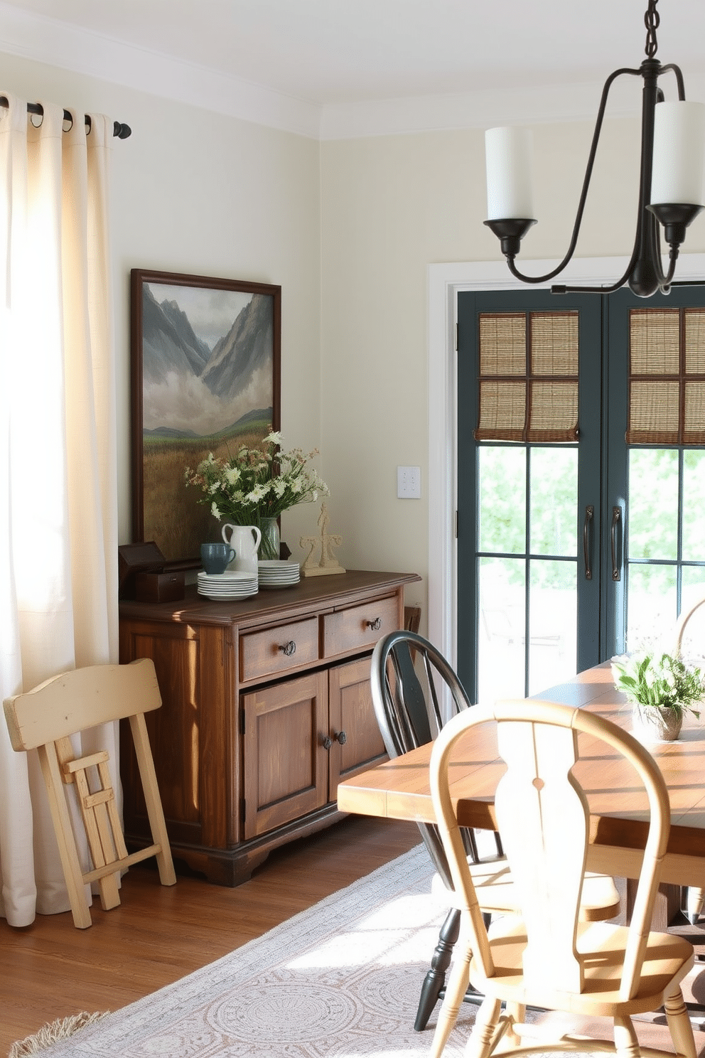 A charming farmhouse dining room features an antique sideboard made of weathered wood, providing both storage and a touch of rustic elegance. The sideboard is adorned with vintage dishware and a bouquet of fresh wildflowers, complementing the warm, inviting atmosphere of the space. The dining table, crafted from reclaimed wood, is surrounded by mismatched chairs that add character and comfort. Soft, natural light filters through sheer linen curtains, illuminating the room and enhancing the cozy, farmhouse aesthetic.