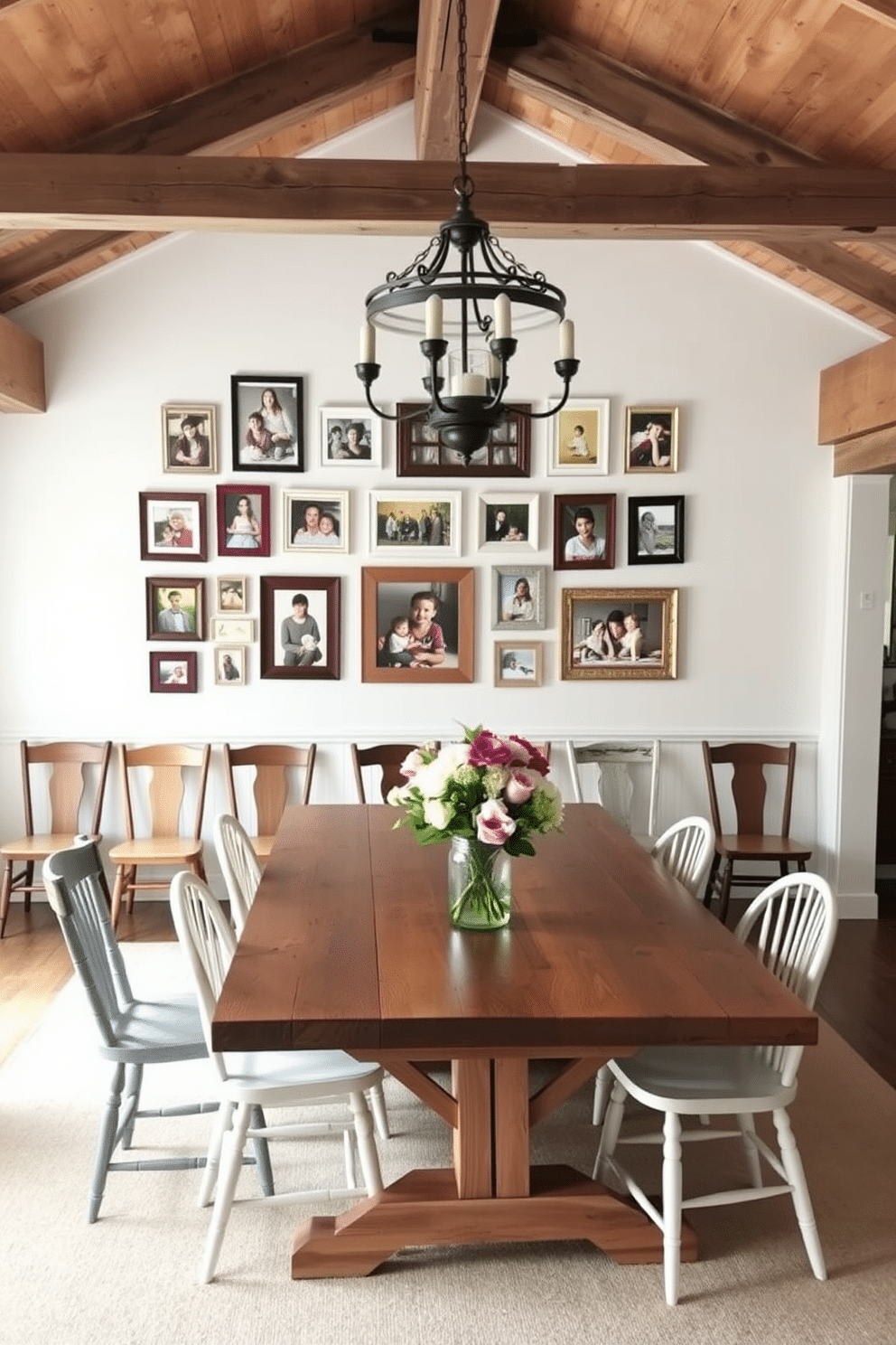 A gallery wall featuring an eclectic mix of family photos in various frame styles, arranged in a visually pleasing layout. The wall is painted a soft white, creating a bright backdrop that enhances the vibrant colors of the photographs. A cozy farmhouse dining room with a large, rustic wooden table surrounded by mismatched chairs. The room is adorned with exposed wooden beams, a vintage chandelier, and a centerpiece of fresh flowers in a mason jar, complemented by soft, neutral-toned textiles.