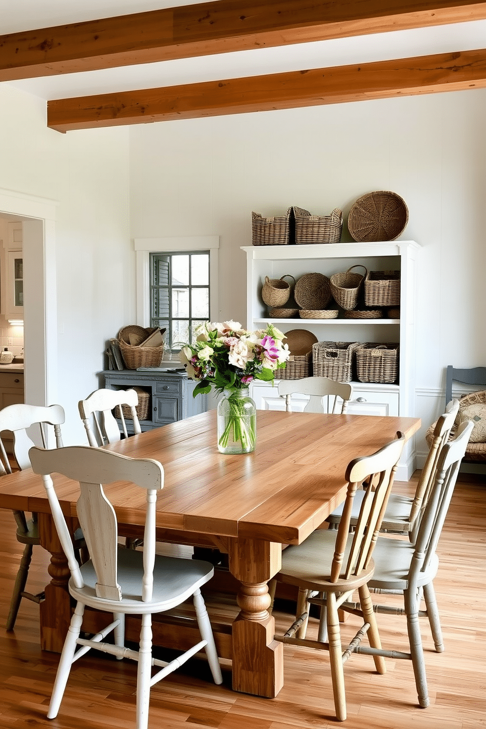 A cozy farmhouse dining room features a large, rustic wooden table surrounded by mismatched chairs, each with its own unique charm. Woven baskets are artfully arranged on a nearby shelf, providing decorative storage while adding warmth and texture to the space. The walls are painted in a soft, creamy white, complemented by exposed wooden beams that enhance the farmhouse aesthetic. A centerpiece of fresh flowers in a mason jar sits on the table, inviting family and friends to gather and enjoy meals together.