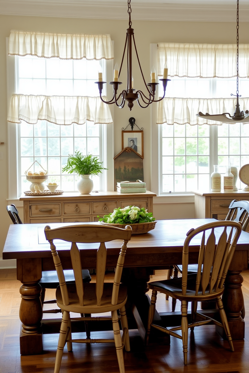 Cottage-style window treatments in linen create a soft, inviting atmosphere, featuring delicate ruffles and subtle patterns that enhance natural light. The treatments frame the windows beautifully, complementing the rustic charm of the surrounding decor. In a farmhouse dining room, a large wooden table serves as the centerpiece, surrounded by mismatched chairs that add character and warmth. Soft earth tones and vintage accents, such as a weathered sideboard and farmhouse-style light fixtures, complete the cozy, welcoming ambiance.