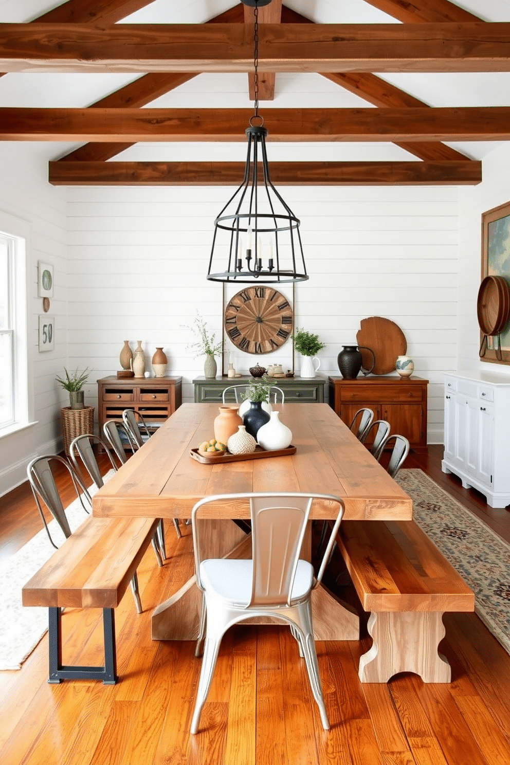 A charming farmhouse dining room blends modern and rustic decor elements seamlessly. A large reclaimed wood dining table is surrounded by a mix of contemporary metal chairs and vintage wooden benches, creating an inviting atmosphere. The walls are adorned with shiplap in a soft white hue, while a statement pendant light made of wrought iron hangs above the table. Accents of greenery and handcrafted pottery add warmth, complementing the rustic wooden beams that frame the ceiling.