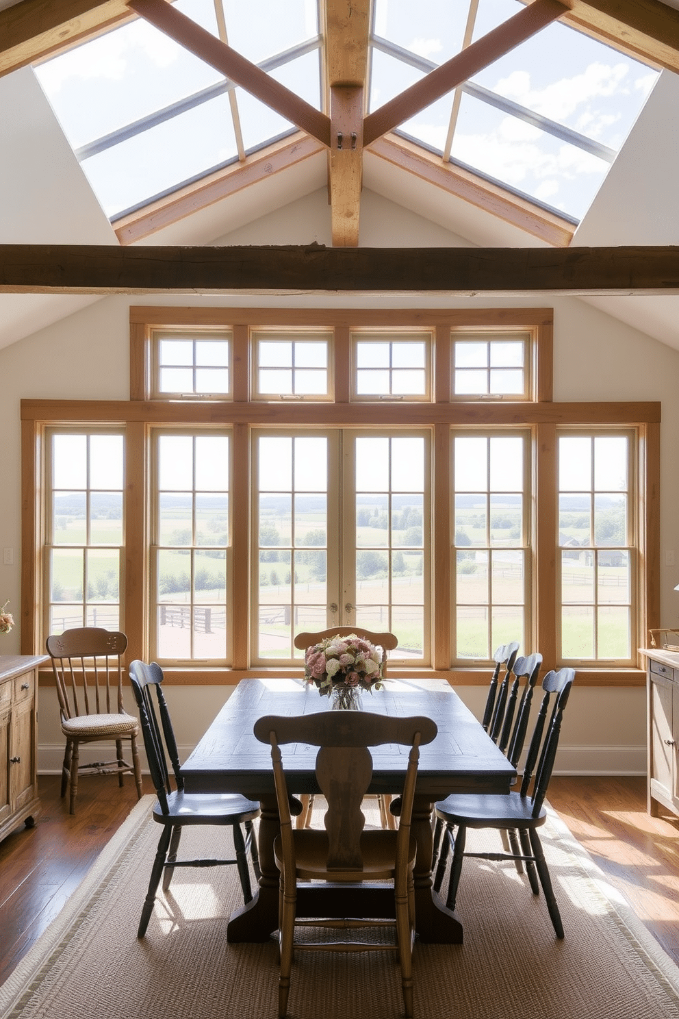 A charming farmhouse dining room bathed in natural light from large, floor-to-ceiling windows that frame a picturesque view of the countryside. The room features a rustic wooden dining table surrounded by mismatched chairs, with a centerpiece of fresh flowers in a vintage vase. Exposed wooden beams stretch across the ceiling, adding warmth and character to the space. Soft, neutral tones adorn the walls, complemented by a cozy area rug that anchors the dining area.