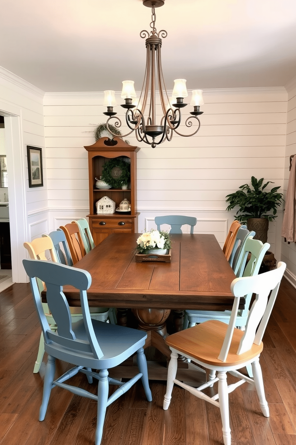 A charming farmhouse dining room featuring a rustic wooden table surrounded by mismatched vintage dining chairs in various colors and styles. The walls are adorned with shiplap paneling, and a large, vintage-style chandelier hangs above the table, casting a warm glow over the space.