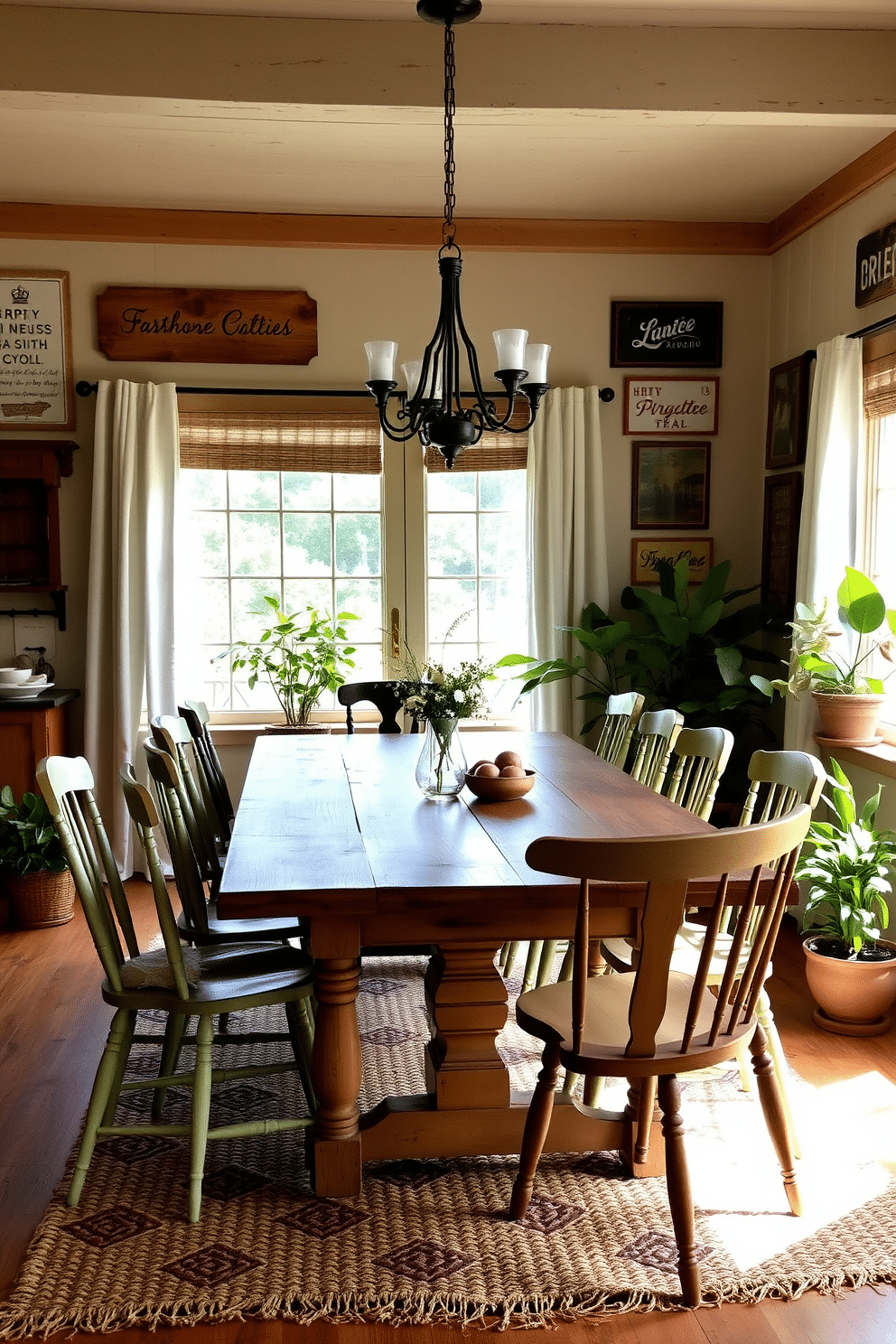 A charming farmhouse dining room features a rustic wooden table surrounded by mismatched chairs, each with a unique vintage finish. The walls are adorned with vintage signs and artwork, adding character and a nostalgic touch to the warm, inviting atmosphere. Natural light floods the space through large windows dressed with simple linen curtains, creating a cozy yet airy feel. A woven rug under the table complements the farmhouse aesthetic, while potted plants in the corners bring a touch of greenery indoors.