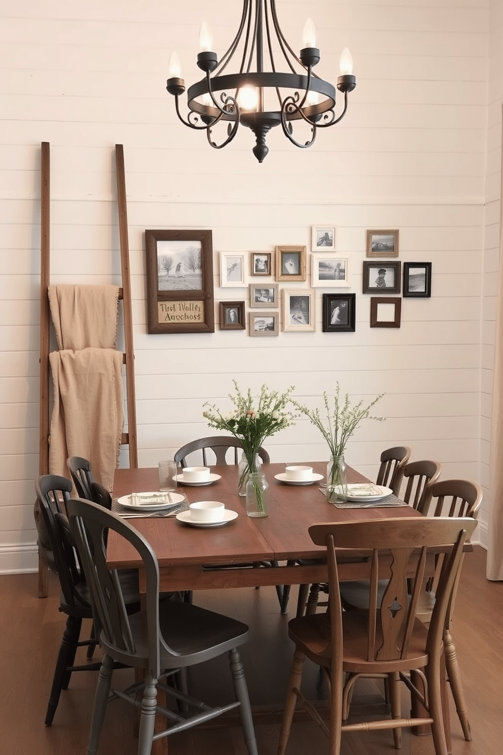 A rustic ladder made of reclaimed wood leans against a white shiplap wall, adorned with soft, neutral-toned blankets and a collection of vintage picture frames. Below the ladder, a farmhouse-style dining table made from distressed wood is surrounded by mismatched chairs, creating a warm and inviting atmosphere. The table is set with simple ceramic dishware and mason jar centerpieces filled with fresh wildflowers. Soft, ambient lighting from a wrought-iron chandelier overhead enhances the cozy, rustic charm of the space.