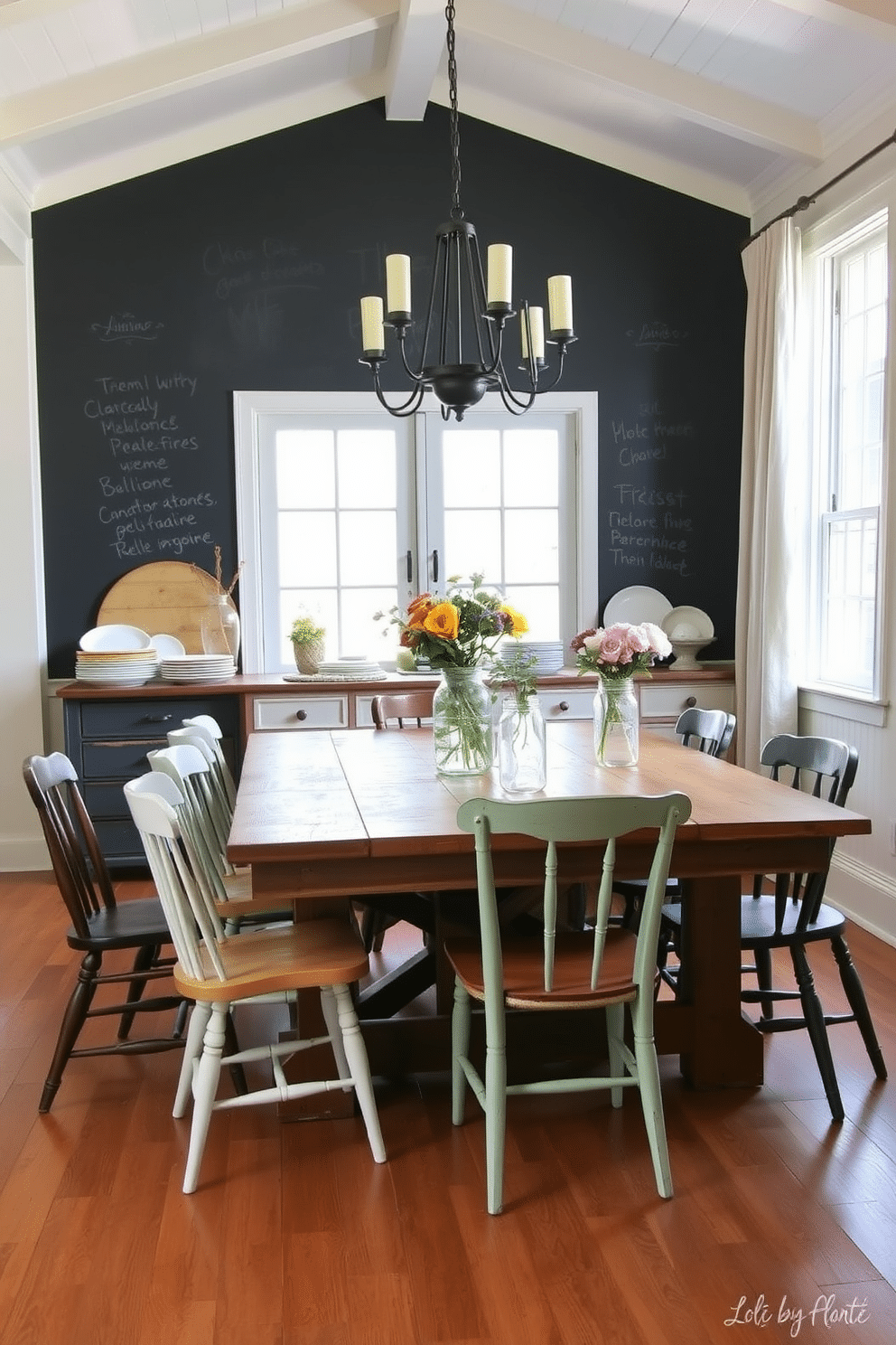 A charming farmhouse dining room featuring a large, rustic wooden table surrounded by mismatched chairs. The walls are adorned with a chalkboard wall, perfect for writing menus or messages, creating a warm and inviting atmosphere. Natural light pours in through large windows dressed with simple linen curtains. A vintage sideboard holds an array of colorful dishes and mason jars filled with fresh flowers, enhancing the cozy farmhouse aesthetic.