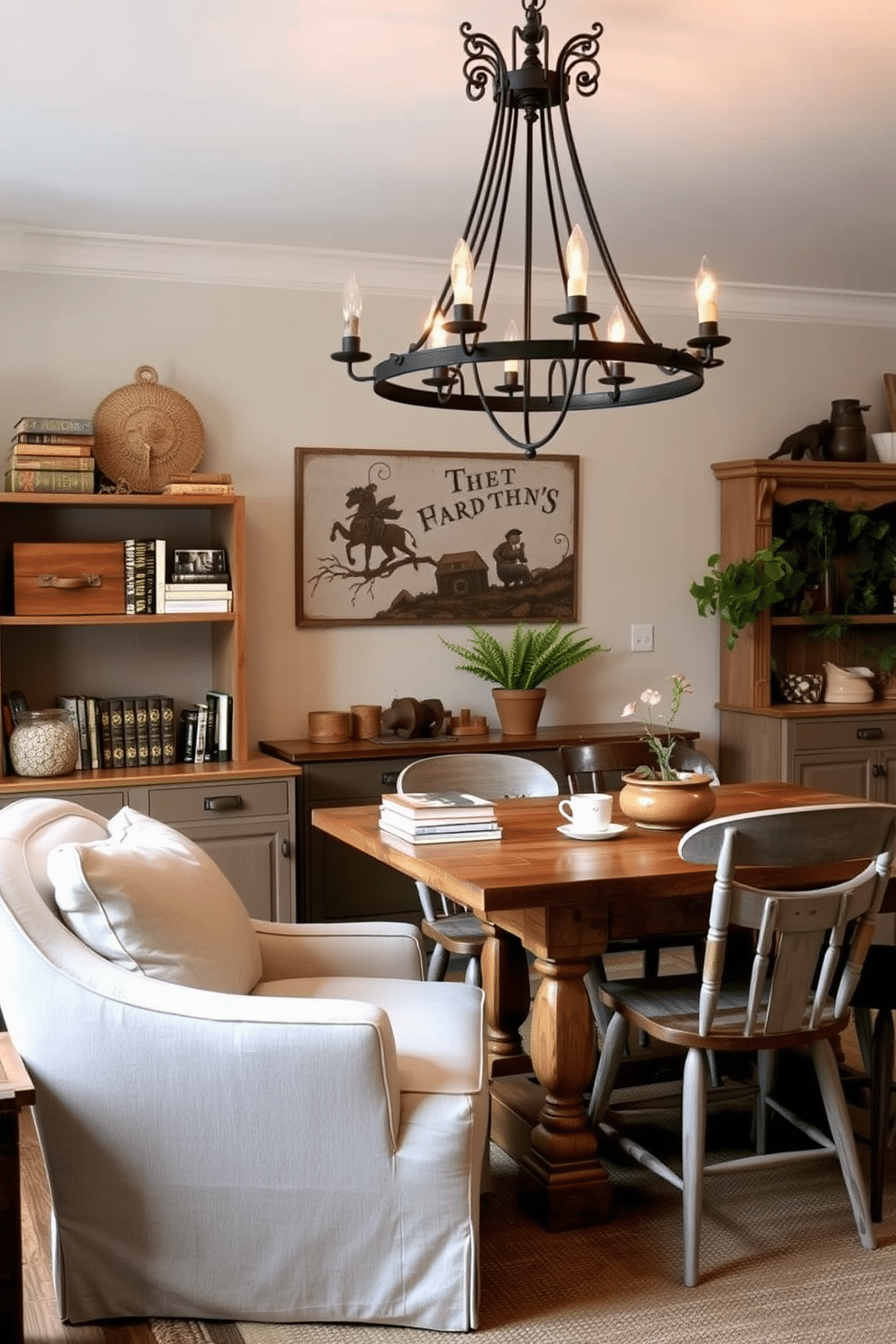 Cozy corner with reading nook. A plush armchair in a soft, neutral fabric is positioned next to a small wooden side table, adorned with a stack of books and a steaming cup of tea. Farmhouse Dining Room Design Ideas. A rustic wooden dining table is surrounded by mismatched chairs, with a large chandelier made of wrought iron hanging above, casting a warm glow over the space.