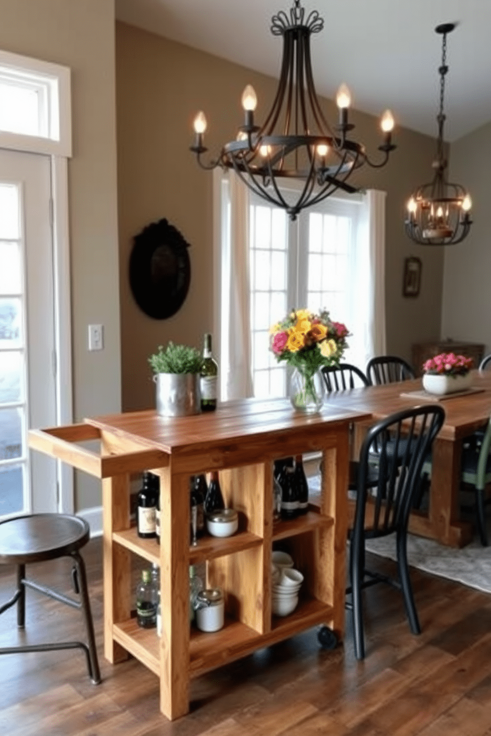 A charming farmhouse-style bar cart is crafted from reclaimed wood, featuring open shelving for bottles and glassware. It is adorned with rustic accents, including a vintage-style ice bucket and a small potted herb plant, creating an inviting atmosphere for entertaining. The dining room showcases a large farmhouse table made from distressed wood, surrounded by mismatched chairs that add character. Soft, warm lighting from a wrought-iron chandelier illuminates the space, complemented by a centerpiece of seasonal flowers in a mason jar.