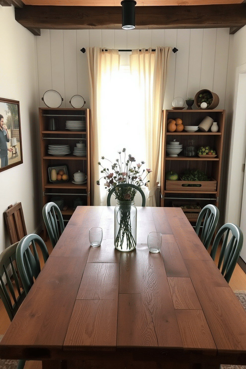 A cozy farmhouse dining room featuring wooden crates creatively arranged as storage solutions. The crates are used to hold rustic tableware and fresh produce, enhancing the room's charm and functionality. The dining table is a large reclaimed wood piece surrounded by mismatched vintage chairs. Soft, natural light filters through sheer curtains, illuminating a centerpiece of wildflowers in a mason jar.