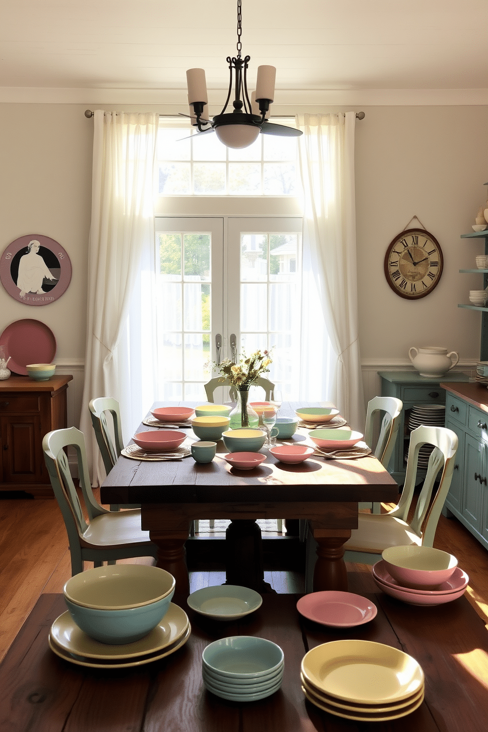 A charming farmhouse dining room featuring a rustic wooden table surrounded by mismatched colorful dishware that adds a cheerful touch. Sunlight streams through large windows adorned with sheer white curtains, illuminating the space and highlighting the soft pastel colors of the plates and bowls.