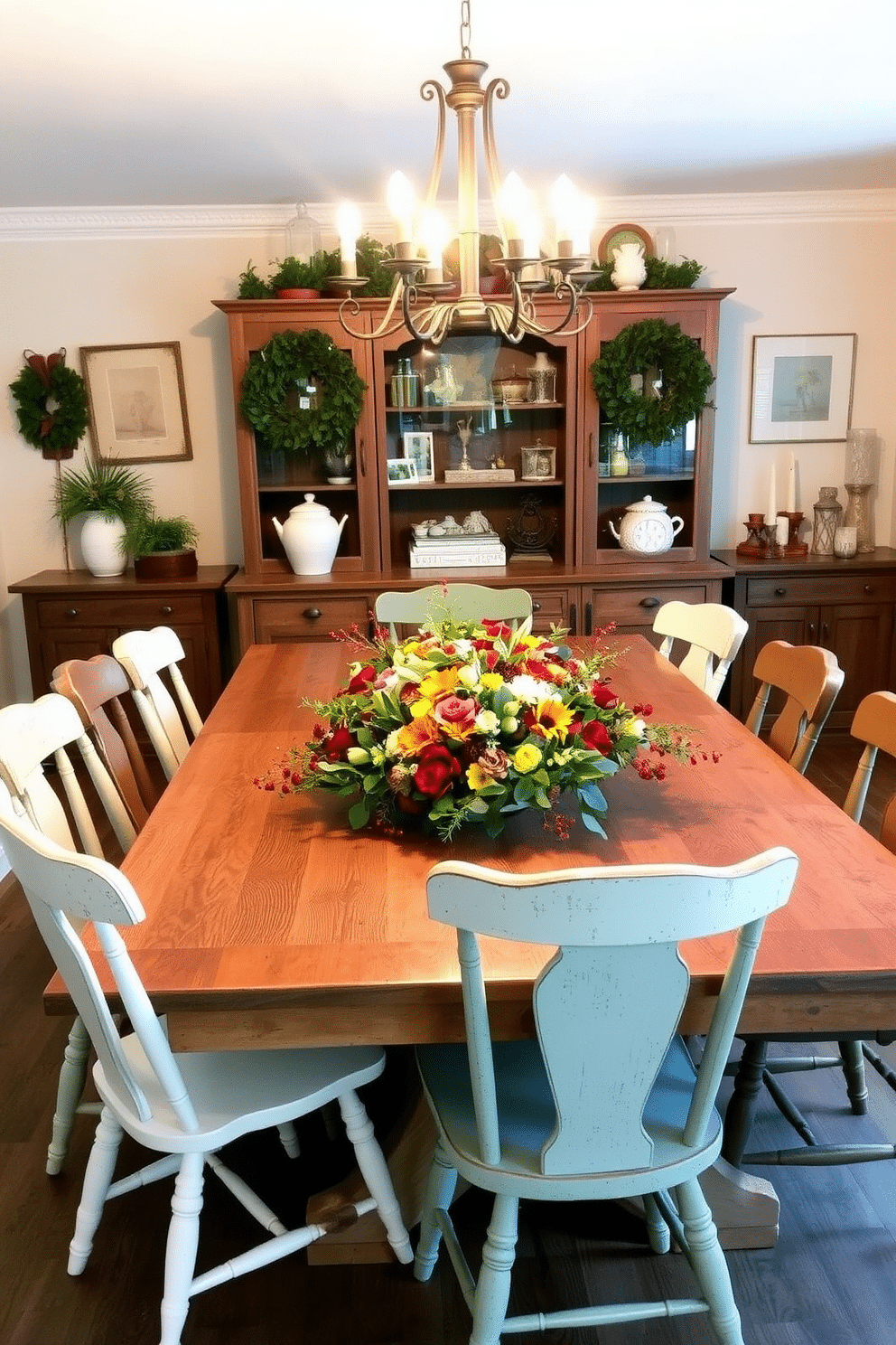 A cozy farmhouse dining room adorned with seasonal decor that brings a fresh touch to the space. A large wooden dining table is surrounded by mismatched chairs, each showcasing unique paint finishes and textures. In the center of the table, a vibrant centerpiece features seasonal flowers and greenery, enhancing the rustic charm. Soft, warm lighting from a vintage chandelier casts a welcoming glow over the room, inviting family and friends to gather.