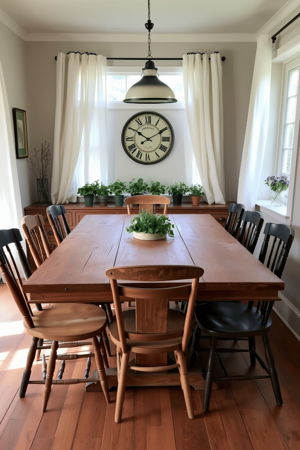 A charming farmhouse dining room features a large, rustic wooden table surrounded by mismatched vintage chairs. The centerpiece is a vintage clock mounted on the wall, its distressed finish adding character to the space. Soft, natural light floods in through sheer curtains, illuminating the warm tones of the wood and the earthy color palette. A collection of potted herbs sits on the windowsill, enhancing the inviting atmosphere of this cozy dining area.