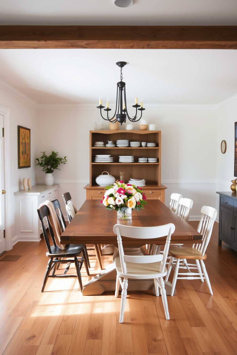 A cozy farmhouse dining room featuring natural wood flooring that adds warmth and character to the space. The room is adorned with a large wooden dining table surrounded by mismatched chairs, creating an inviting and relaxed atmosphere. Soft, neutral tones dominate the walls, complemented by rustic decor elements like a vintage chandelier and open shelving displaying charming dishware. A centerpiece of fresh flowers sits atop the table, enhancing the room's natural aesthetic and inviting family gatherings.