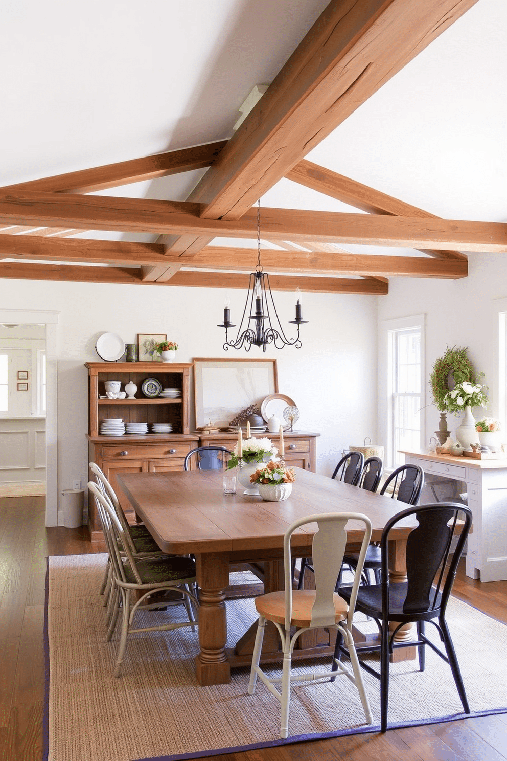 A charming farmhouse dining room features exposed wooden beams that stretch across the ceiling, adding warmth and character to the space. A large wooden dining table, surrounded by mismatched chairs, invites family gatherings and casual meals. Soft, neutral tones dominate the walls, creating a cozy backdrop for rustic decor elements. A vintage sideboard displays curated dishware and seasonal decorations, enhancing the room's inviting atmosphere.