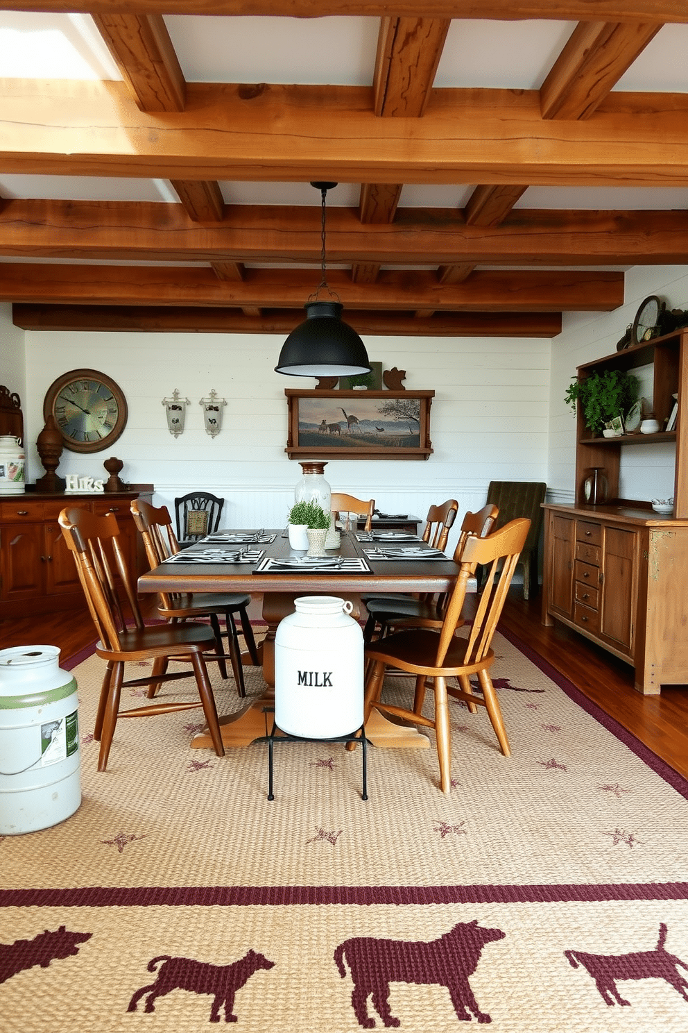 A charming farmhouse dining room featuring rustic wooden furniture and accents. The table is adorned with animal print placemats, and vintage-style chairs surround it, creating a warm, inviting atmosphere. The walls are painted in a soft, creamy white, complemented by exposed wooden beams overhead. A large, woven rug with subtle animal motifs anchors the space, while farmhouse-themed decor, like a vintage milk can and a hanging herb garden, adds character.