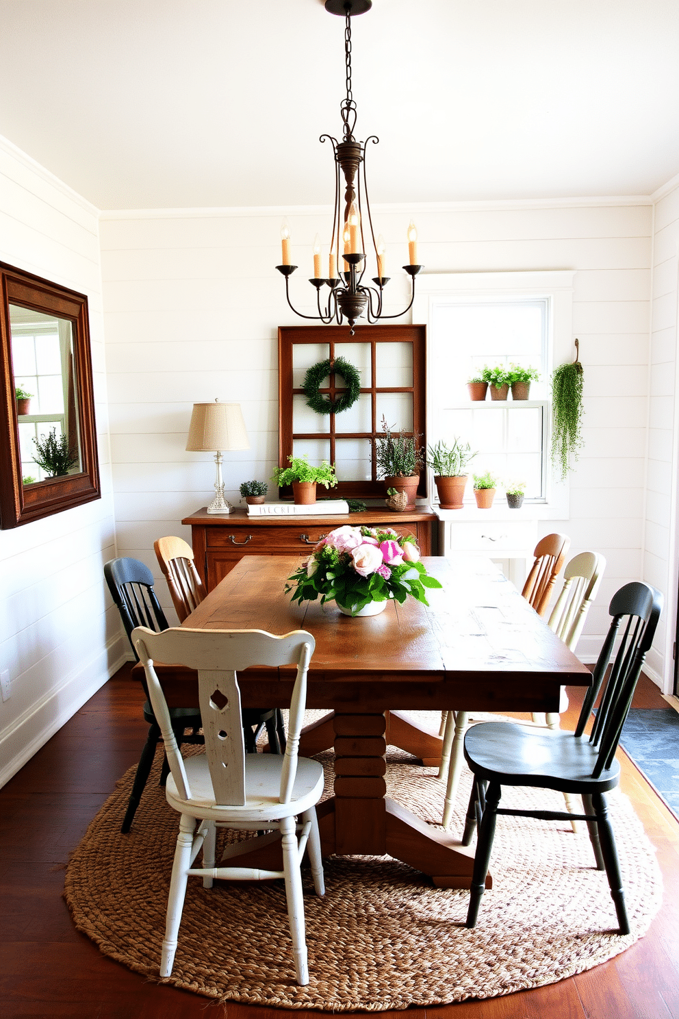 A cozy farmhouse dining room features shiplap walls painted in a soft white, creating a warm and inviting atmosphere. A rustic wooden dining table is surrounded by mismatched chairs, each with its own unique charm, while a vintage chandelier hangs overhead, casting a warm glow. The room is accented with farmhouse-inspired decor, including a large, framed mirror that reflects natural light and a collection of potted herbs on the windowsill. A woven rug under the table adds texture, and a centerpiece of fresh flowers brings a touch of nature indoors.