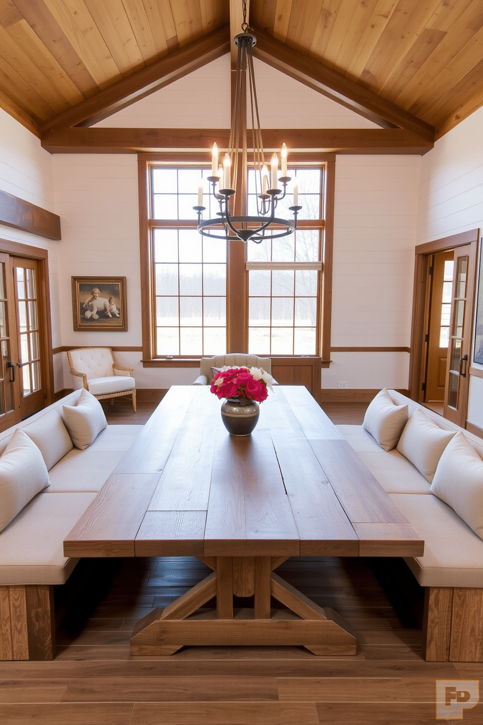 A large farmhouse table made of reclaimed wood takes center stage in the dining room, surrounded by comfortable bench seating upholstered in a soft, neutral fabric. The space is illuminated by a rustic chandelier overhead, while large windows allow natural light to flood in, highlighting the warm tones of the wooden beams and shiplap walls.