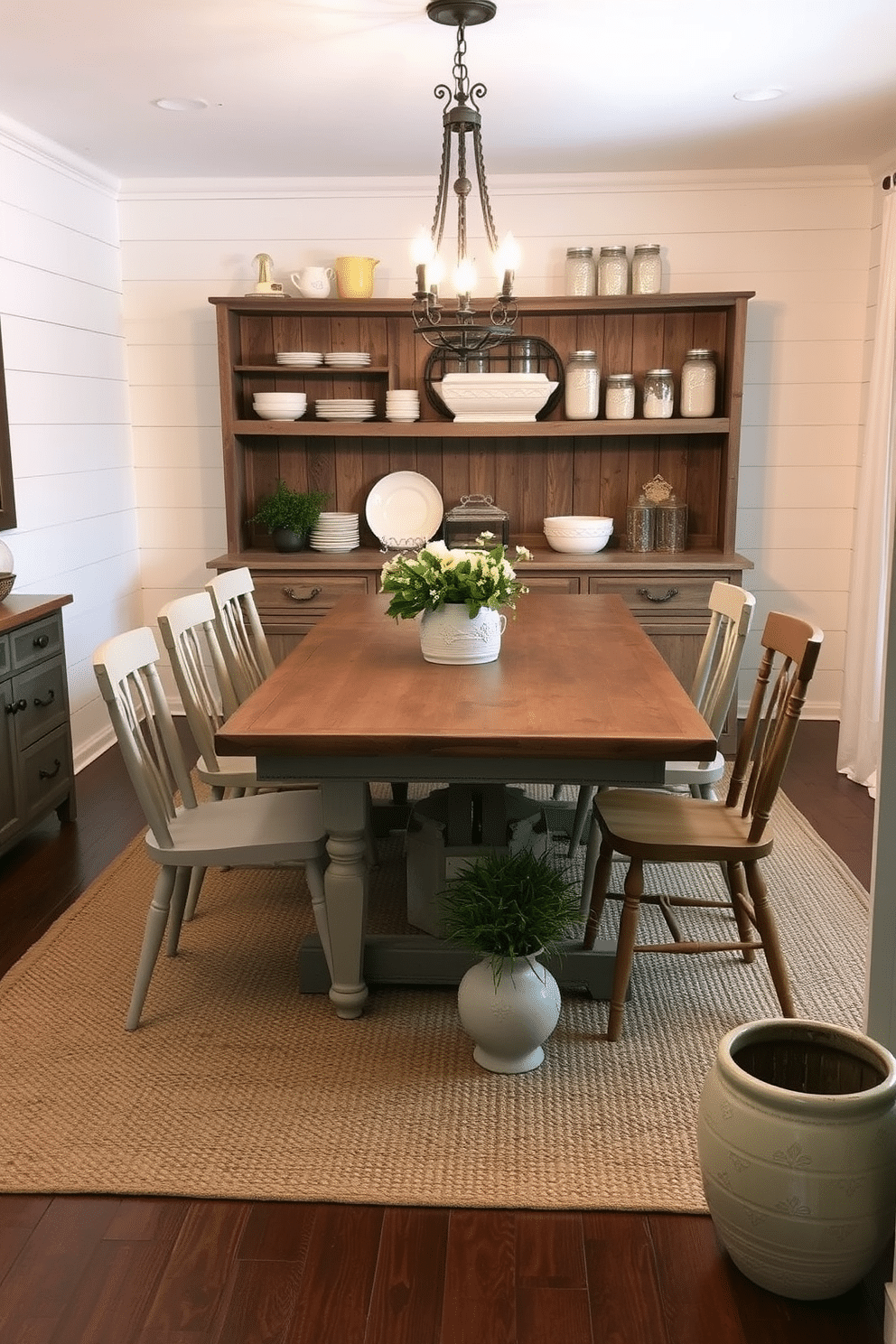 A cozy farmhouse dining room featuring a large wooden table with a distressed finish, surrounded by mismatched chairs in soft neutral tones. The walls are adorned with shiplap, and a vintage-style chandelier hangs above the table, casting a warm glow over the space. Rustic open shelving displays ceramic dishware and mason jars, adding charm and functionality to the room. A woven rug in muted earth tones anchors the space, while fresh greenery in a ceramic pot brings a touch of nature indoors.