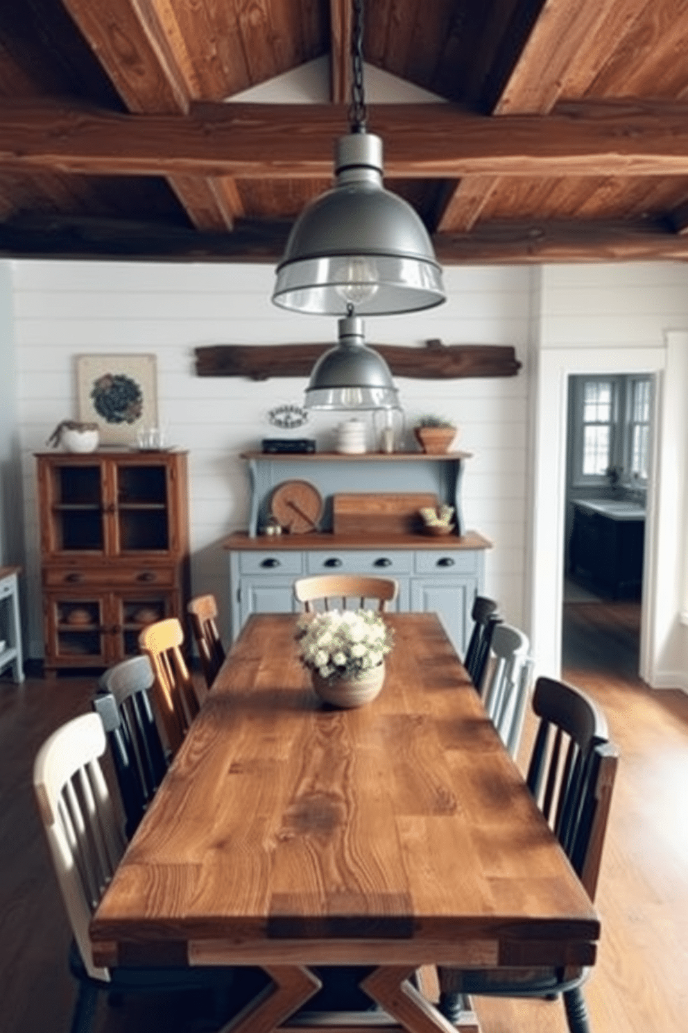 A cozy farmhouse dining room features a rustic wooden table surrounded by mismatched chairs, creating a warm and inviting atmosphere. Above the table, industrial pendant lights hang from exposed beams, casting a soft glow that highlights the natural wood grain and farmhouse decor.