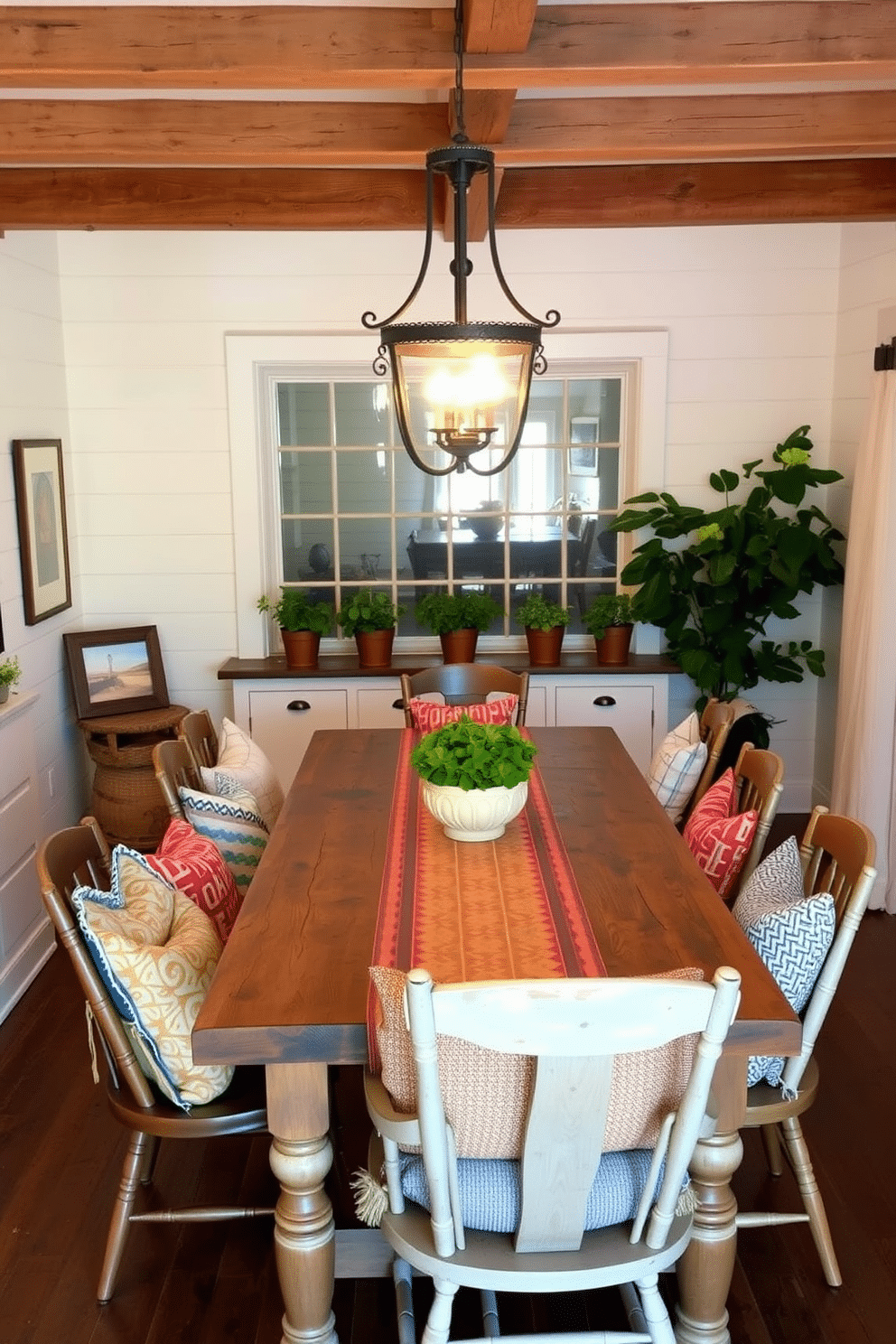 A cozy farmhouse dining room featuring a large reclaimed wood table surrounded by mismatched chairs. The table is adorned with a layered textile runner, and an array of colorful throw pillows in various patterns are placed on the chairs for added comfort. The walls are painted in a soft, warm white, complemented by rustic wooden beams overhead. A vintage chandelier hangs above the table, casting a warm glow, while potted herbs sit on the window sill, adding a touch of greenery.