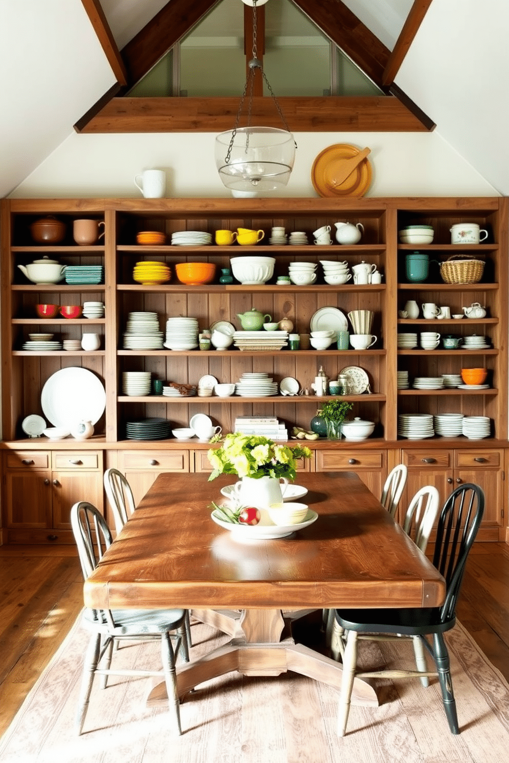 A charming farmhouse dining room features open shelving that showcases an array of colorful dishes and vintage tableware. The shelves are made of reclaimed wood, adding warmth and character to the space, while the dining table is a large, rustic piece surrounded by mismatched chairs.