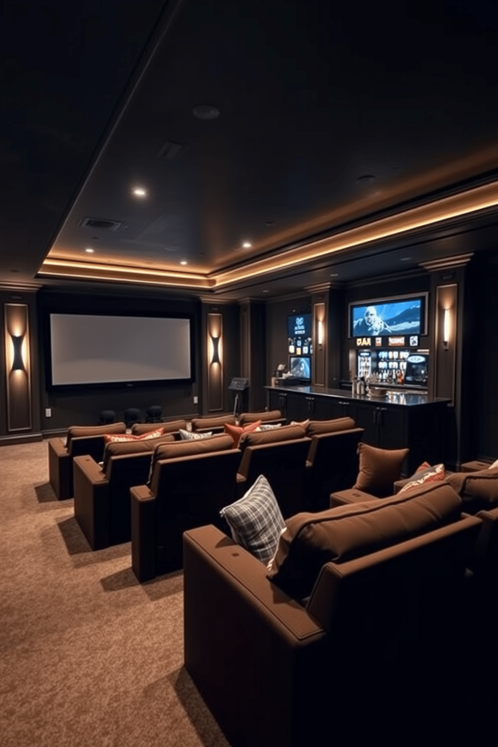 Cozy movie theater with plush seating. The room is dimly lit, featuring a large screen at the front and soft, ambient lighting along the walls. Finished basement design ideas. The space is designed for relaxation and entertainment, with a comfortable lounge area, a wet bar, and a game zone filled with various activities.