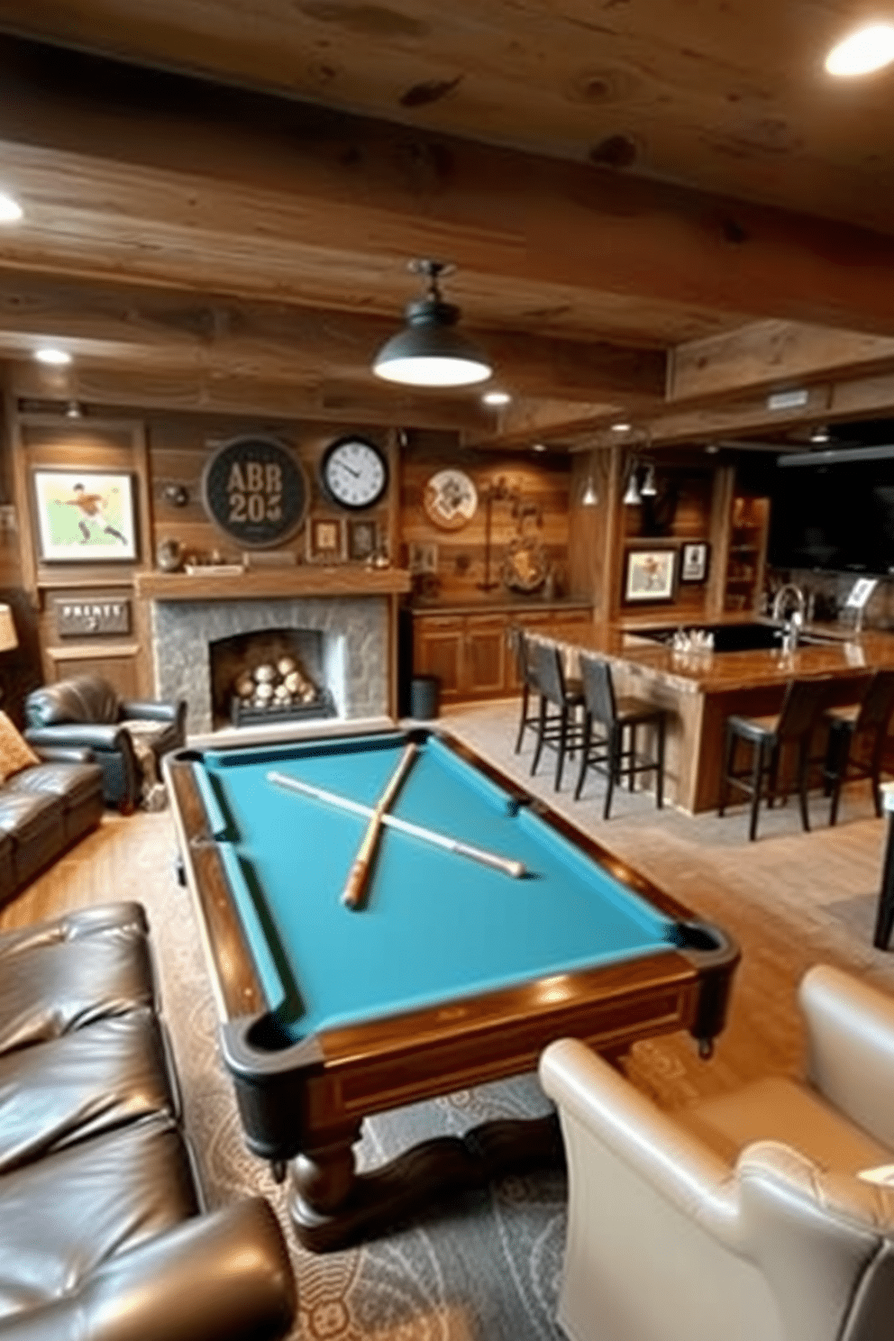 A rustic game room features a classic pool table at its center, surrounded by comfortable leather seating and wooden accents. The walls are adorned with vintage sports memorabilia, and a warm, inviting fireplace adds to the cozy atmosphere. The finished basement is designed for entertainment and relaxation, showcasing a stylish bar area with high stools and a reclaimed wood counter. Soft lighting highlights the cozy seating arrangements, while a large television is mounted on the wall for movie nights.