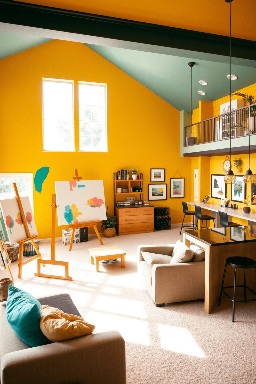 Art studio with bright, inspiring colors. The walls are painted in a vibrant yellow, accented with splashes of teal and coral. Large windows allow natural light to flood the space, illuminating a spacious wooden easel and a collection of canvases. Shelves filled with art supplies and colorful paint tubes line the walls, creating an inviting atmosphere for creativity. Finished basement design ideas. The space features an open layout with cozy seating arrangements, including a plush sectional sofa and a stylish coffee table. Soft lighting fixtures create a warm ambiance, while a wet bar in the corner is equipped with modern appliances and high stools. Decorative elements such as framed artwork and indoor plants add personality and warmth to the finished basement.