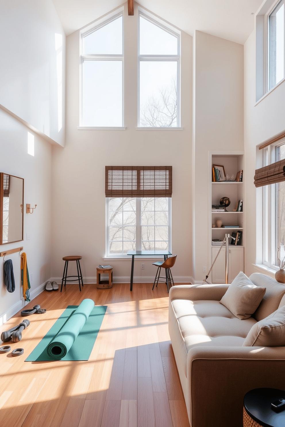 A serene multipurpose room designed for yoga and fitness. The space features large windows that allow natural light to flood in, creating a calming atmosphere with soft, neutral walls and bamboo flooring. In one corner, a yoga mat is neatly rolled out, accompanied by a selection of weights and resistance bands. A wall-mounted mirror reflects the space, enhancing the feeling of openness and tranquility. For the finished basement, envision a cozy retreat with plush seating and warm lighting. The design includes a mini bar area with stylish stools, a game table, and built-in shelving displaying books and decor.