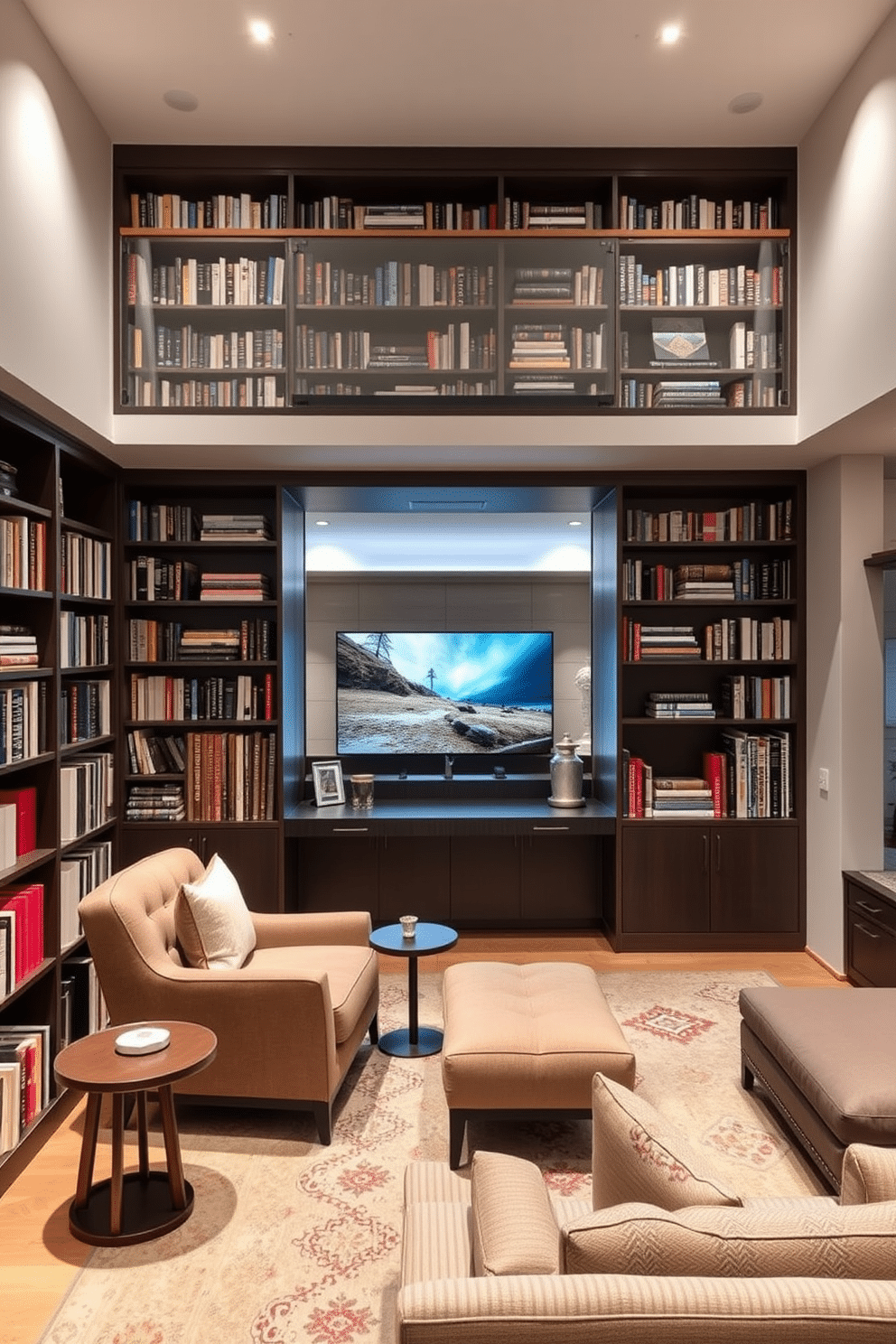 Sleek home library with cozy corners. The room features floor-to-ceiling bookshelves filled with a curated selection of books, and a plush reading nook with a deep armchair and a small side table. Finished basement design ideas. The space includes a multi-functional layout with a comfortable lounge area, a small wet bar, and an entertainment corner equipped with a large screen and cozy seating arrangements.