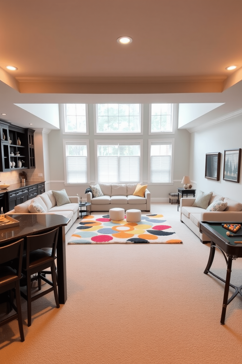 Bright and airy playroom for kids. The room features large windows that let in plenty of natural light, with soft pastel-colored walls and a plush, colorful rug in the center. Finished Basement Design Ideas. The space includes cozy seating areas with sectional sofas, a wet bar with stylish cabinetry, and a game area equipped with a pool table and board games for family entertainment.