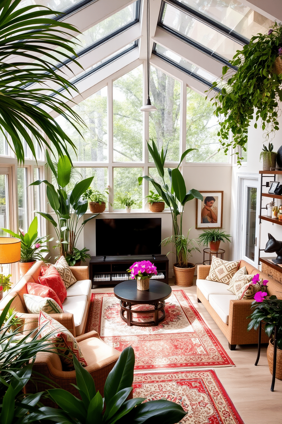 Bright sunroom with lots of plants. The room features large windows that allow natural light to flood in, creating a warm and inviting atmosphere. Lush greenery, including potted palms and vibrant flowering plants, fills the space, enhancing the connection to nature. Comfortable seating arrangements with colorful cushions invite relaxation and enjoyment of the serene environment. Finished basement design ideas. The basement is transformed into a cozy entertainment area with plush seating, a large flat-screen TV, and a stylish bar counter. Warm lighting fixtures and soft area rugs add comfort, while decorative wall art and shelving display personal touches and enhance the overall aesthetic.