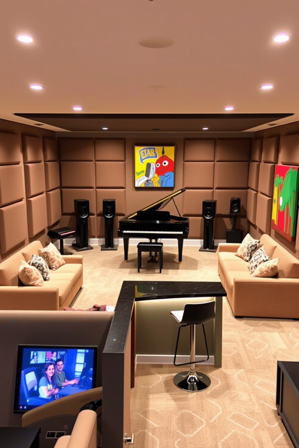 A stylish music room featuring soundproofing panels on the walls, ensuring optimal acoustics for practice and recording. The room includes a sleek grand piano in the center, surrounded by comfortable seating and vibrant artwork that inspires creativity. The finished basement design showcases a cozy lounge area with plush sofas and a modern entertainment system. Warm lighting illuminates the space, while a small bar with stylish stools invites relaxation and social gatherings.