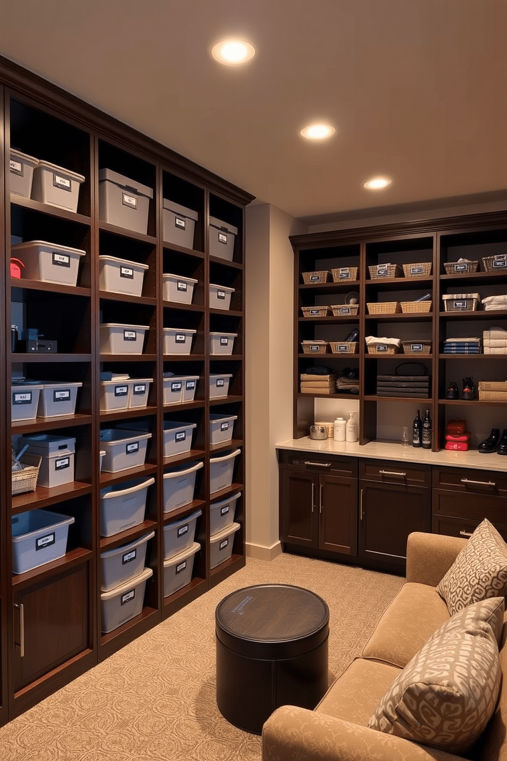 Functional storage room with shelving units. The room features floor-to-ceiling shelving made of dark wood, neatly organized with labeled bins and boxes. Finished basement design ideas. The space includes a cozy lounge area with plush seating, a small kitchenette, and ambient lighting that creates a warm atmosphere.