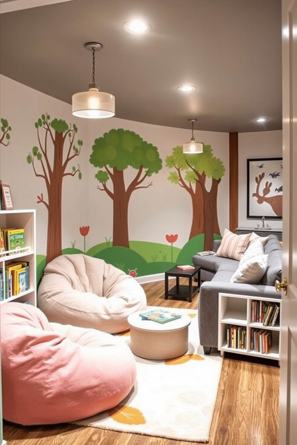 Charming children's reading corner with bookshelves. The space features a cozy nook with a plush, oversized bean bag chair and a soft rug in bright colors. The walls are adorned with whimsical murals of trees and animals, creating an imaginative atmosphere. A low bookshelf filled with colorful children's books is positioned nearby, inviting young readers to explore. Finished Basement Design Ideas. The basement is transformed into a multifunctional space with a stylish lounge area, complete with a sectional sofa and a modern coffee table. Soft lighting fixtures hang from the ceiling, illuminating the space, while a small wet bar adds convenience for entertaining guests.